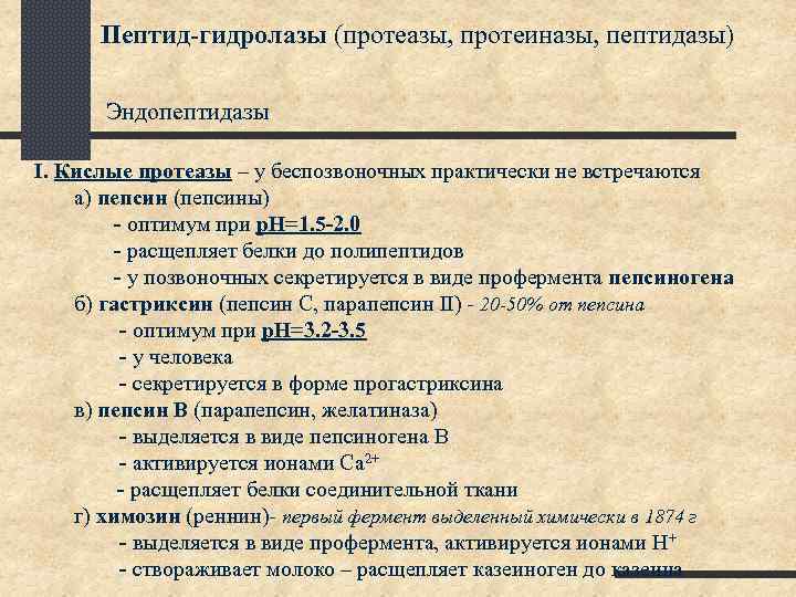 Пептид-гидролазы (протеазы, протеиназы, пептидазы) Эндопептидазы I. Кислые протеазы – у беспозвоночных практически не встречаются