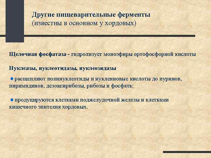 Другие пищеварительные ферменты (известны в основном у хордовых) Щелочная фосфатаза - гидролизует моноэфиры ортофосфорной