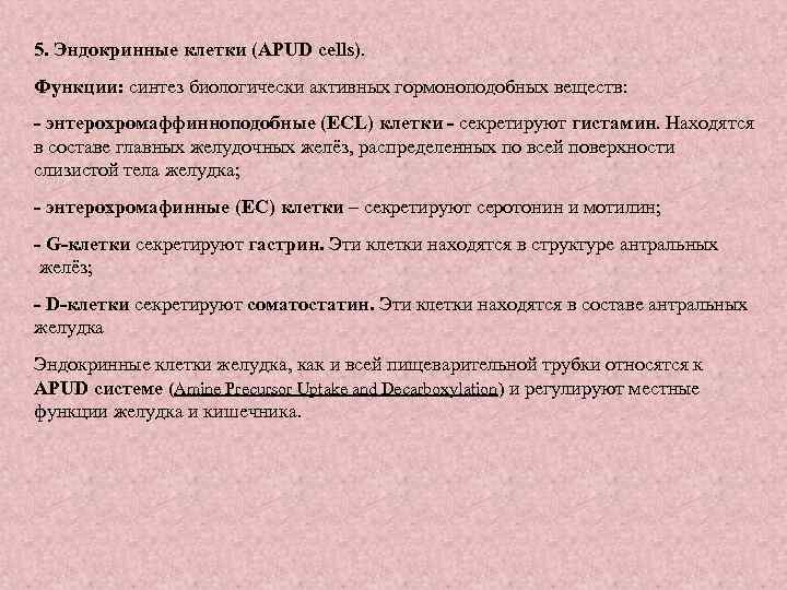 5. Эндокринные клетки (APUD cells). Функции: синтез биологически активных гормоноподобных веществ: - энтерохромаффинноподобные (ECL)