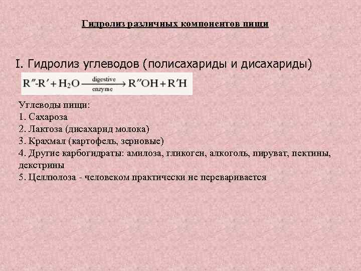 Гидролиз различных компонентов пищи I. Гидролиз углеводов (полисахариды и дисахариды) Углеводы пищи: 1. Сахароза