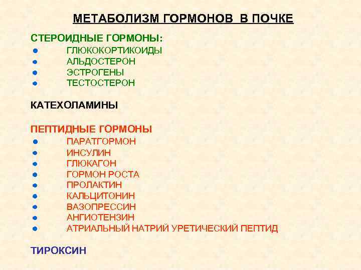 МЕТАБОЛИЗМ ГОРМОНОВ В ПОЧКЕ СТЕРОИДНЫЕ ГОРМОНЫ: ГЛЮКОКОРТИКОИДЫ АЛЬДОСТЕРОН ЭСТРОГЕНЫ ТЕСТОСТЕРОН КАТЕХОЛАМИНЫ ПЕПТИДНЫЕ ГОРМОНЫ ПАРАТГОРМОН