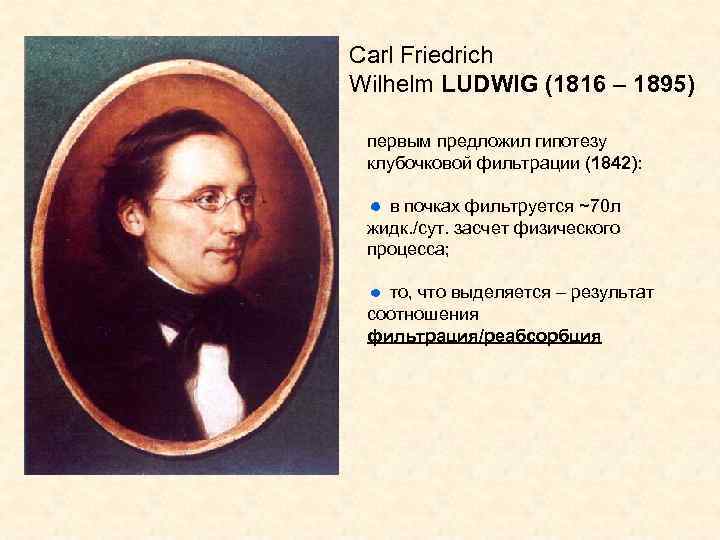 Carl Friedrich Wilhelm LUDWIG (1816 – 1895) первым предложил гипотезу клубочковой фильтрации (1842): в