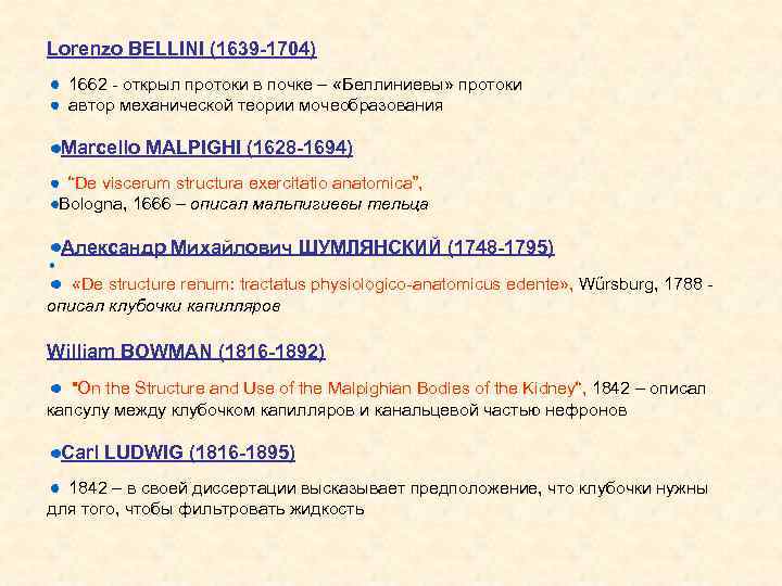 Lorenzo BELLINI (1639 -1704) 1662 - открыл протоки в почке – «Беллиниевы» протоки автор