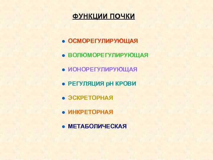 ФУНКЦИИ ПОЧКИ ОСМОРЕГУЛИРУЮЩАЯ ВОЛЮМОРЕГУЛИРУЮЩАЯ ИОНОРЕГУЛИРУЮЩАЯ РЕГУЛЯЦИЯ р. Н КРОВИ ЭСКРЕТОРНАЯ ИНКРЕТОРНАЯ МЕТАБОЛИЧЕСКАЯ 