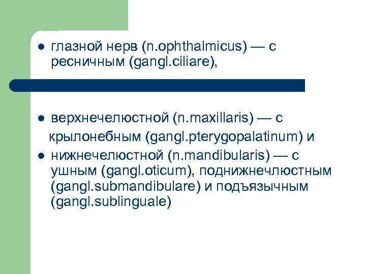 l глазной нерв (n. ophthalmiсus) — с ресничным (gangl. ciliare), верхнечелюстной (n. maxillaris) —