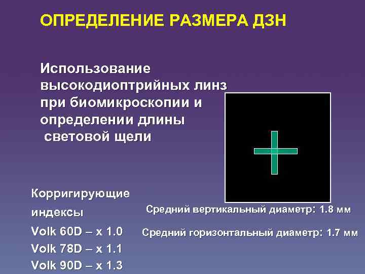 ОПРЕДЕЛЕНИЕ РАЗМЕРА ДЗН Использование высокодиоптрийных линз при биомикроскопии и определении длины световой щели Корригирующие