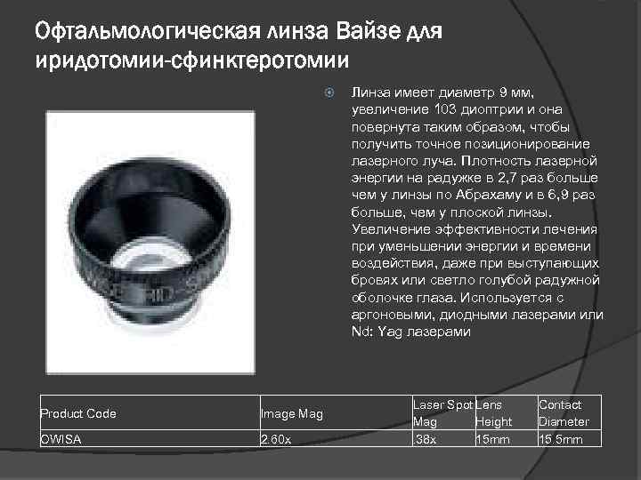 Офтальмологическая линза Вайзе для иридотомии-сфинктеротомии Product Code Image Mag OWISA 2. 60 x Линза