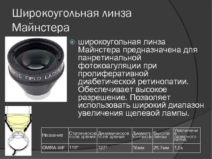 Широкоугольная линза Майнстера Название широкоугольная линза Майнстера предназначена для панретинальной фотокоагуляции пролиферативной диабетической ретинопатии.