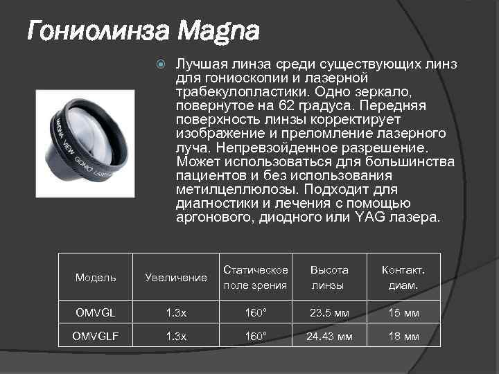 Гониолинза Magna Лучшая линза среди существующих линз для гониоскопии и лазерной трабекулопластики. Одно зеркало,