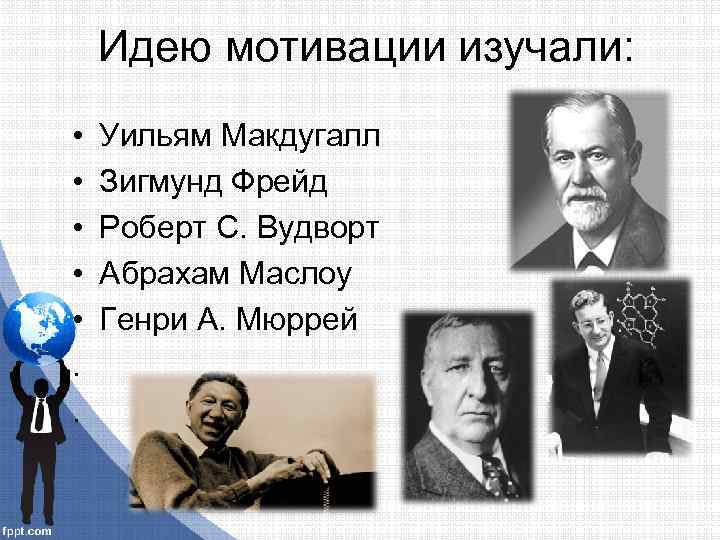 Идею мотивации изучали: • • • . . Уильям Макдугалл Зигмунд Фрейд Роберт С.