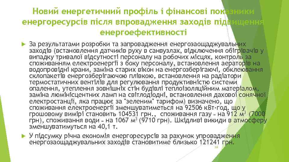 Новий енергетичний профіль і фінансові показники енергоресурсів після впровадження заходів підвищення енергоефективності За результатами