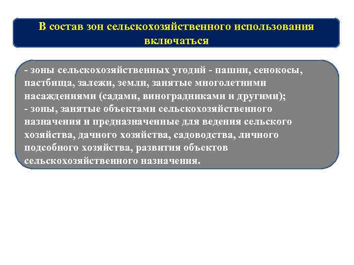 В состав зон сельскохозяйственного использования включаться - зоны сельскохозяйственных угодий - пашни, сенокосы, пастбища,