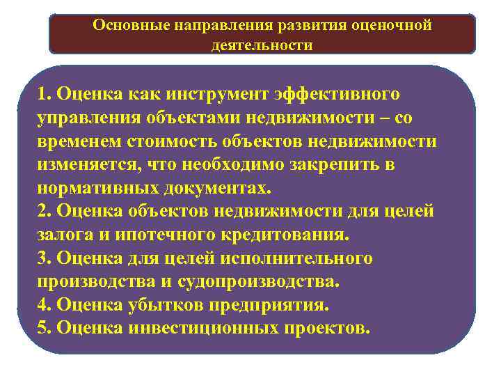 Основные направления развития оценочной деятельности 1. Оценка как инструмент эффективного управления объектами недвижимости –