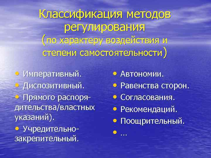 Классификация методов регулирования (по характеру воздействия и степени самостоятельности) • Императивный. • Диспозитивный. •