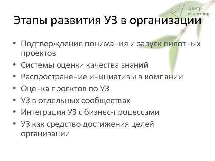 Этапы развития УЗ в организации • Подтверждение понимания и запуск пилотных проектов • Системы