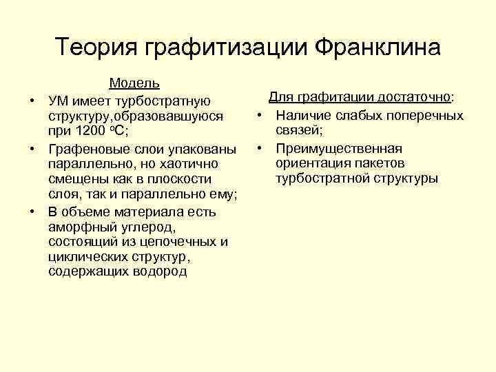 Теория графитизации Франклина Модель • УМ имеет турбостратную структуру, образовавшуюся при 1200 о. С;