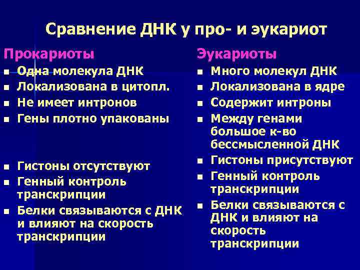 Сравнение ДНК у про- и эукариот Прокариоты n n n n Эукариоты Одна молекула