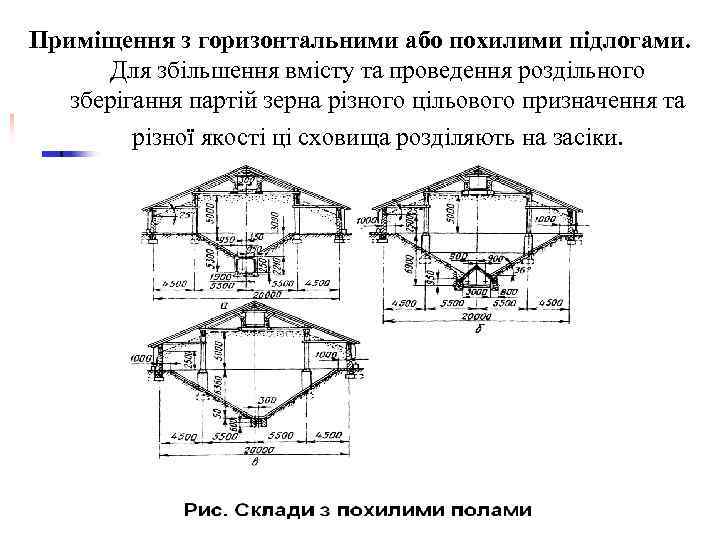 Приміщення з горизонтальними або похилими підлогами. Для збільшення вмісту та проведення роздільного зберігання партій