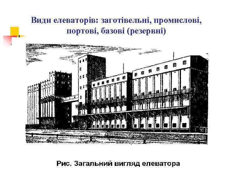 Види елеваторів: заготівельні, промислові, портові, базові (резервні) 