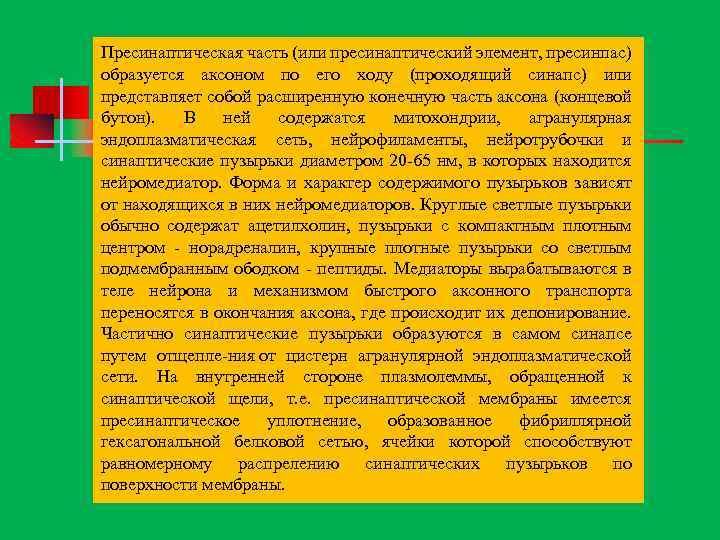 Пресинаптическая часть (или пресинаптический элемент, пресинпас) образуется аксоном по его ходу (проходящий синапс) или