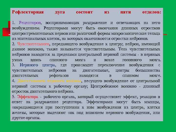 Рефлекторная дуга состоит из пяти отделов: 1. Рецепторов, воспринимающих раздражение и отвечающих на него