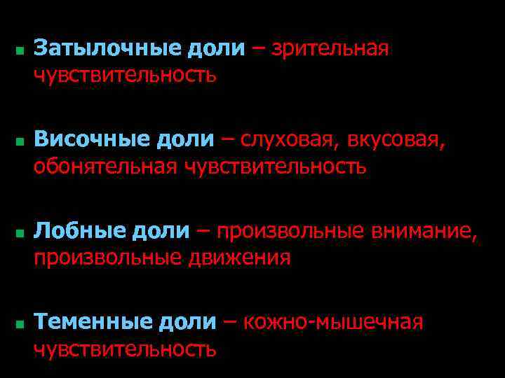 n n Затылочные доли – зрительная чувствительность Височные доли – слуховая, вкусовая, обонятельная чувствительность