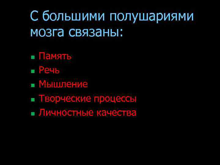 С большими полушариями мозга связаны: n n n Память Речь Мышление Творческие процессы Личностные