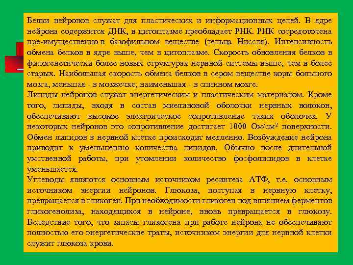 Белки нейронов служат для пластических и информационных целей. В ядре нейрона содержится ДНК, в