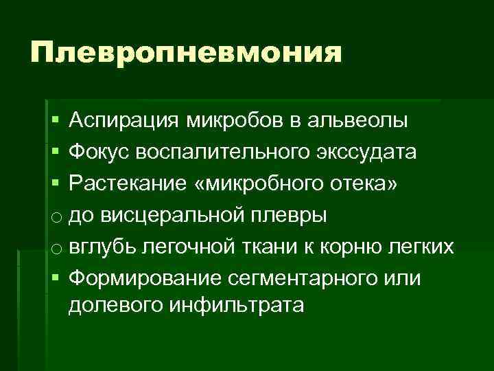 Плевропневмония § Аспирация микробов в альвеолы § Фокус воспалительного экссудата § Растекание «микробного отека»