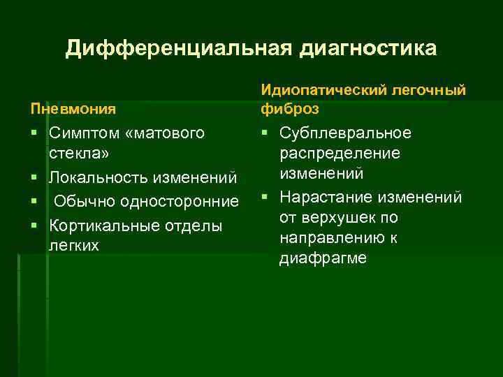 Дифференциальная диагностика Пневмония § Симптом «матового стекла» § Локальность изменений § Обычно односторонние §