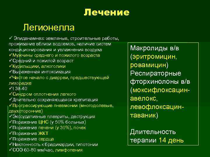 Лечение Легионелла ü Эпиданамнез: земляные, строительные работы, проживание вблизи водоемов, наличие систем кондиционирования и