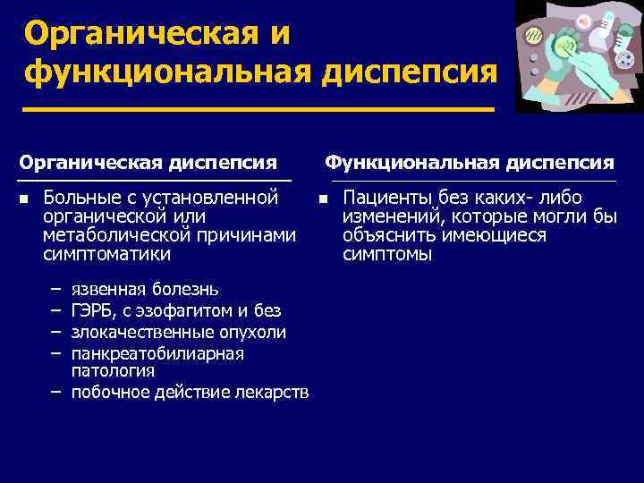 Органическая и функциональная диспепсия Органическая диспепсия n Больные с установленной органической или метаболической причинами