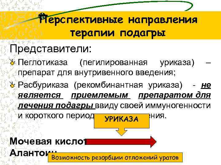 Перспективные направления терапии подагры Представители: Пеглотиказа (пегилированная уриказа) – препарат для внутривенного введения; Расбуриказа