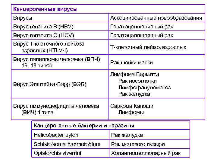 Канцерогенные вирусы Вирусы Ассоциированные новообразования Вирус гепатита В (HBV) Гепатоцеллюлярный рак Вирус гепатита С