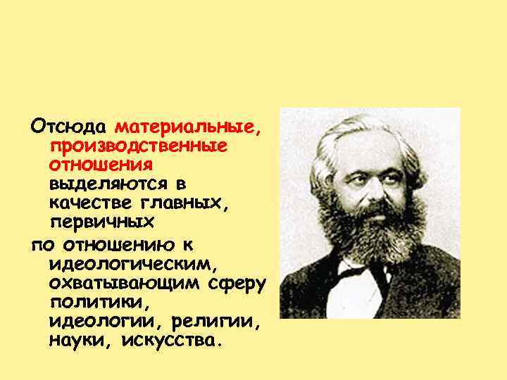 Отсюда материальные, производственные отношения выделяются в качестве главных, первичных по отношению к идеологическим, охватывающим
