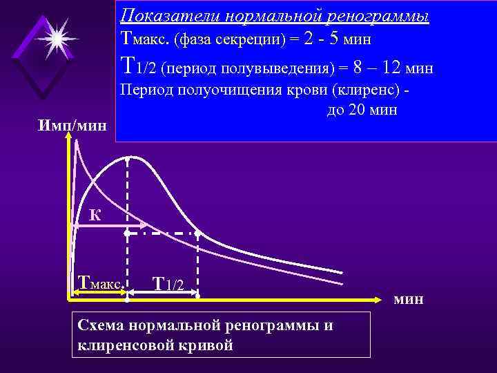 Показатели нормальной ренограммы Тмакс. (фаза секреции) = 2 - 5 мин Т 1/2 (период
