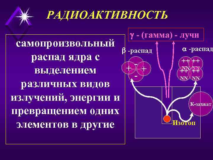 РАДИОАКТИВНОСТЬ - (гамма) - лучи самопроизвольный -распад ядра с + + выделением различных видов