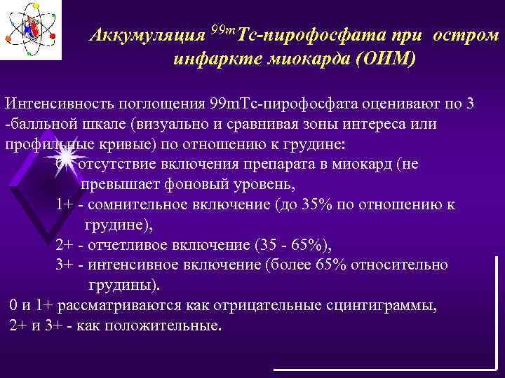 Аккумуляция 99 m. Тс-пирофосфата при остром инфаркте миокарда (ОИМ) Интенсивность поглощения 99 m. Тс-пирофосфата