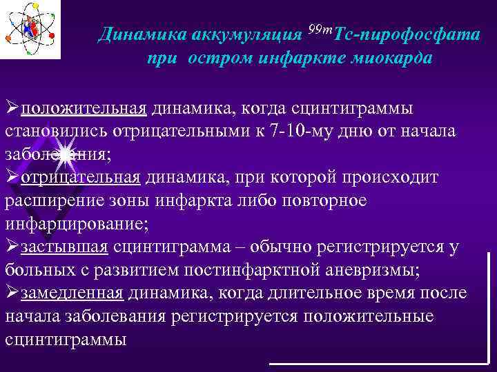 Динамика аккумуляция 99 m. Тс-пирофосфата при остром инфаркте миокарда Øположительная динамика, когда сцинтиграммы становились