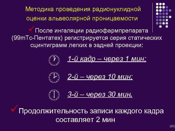 Методика проведения радионуклидной оценки альвеолярной проницаемости üПосле ингаляции радиофармпрепарата (99 m. Тс-Пентатех) регистрируется серия