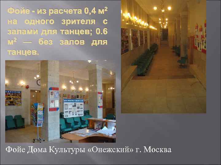 Фойе - из расчета 0, 4 м 2 на одного зрителя с залами для