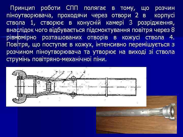 Принцип роботи СПП полягає в тому, що розчин піноутворювача, проходячи через отвори 2 в