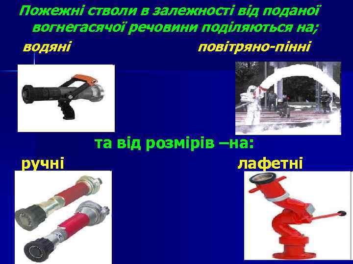 Пожежні стволи в залежності від поданої вогнегасячої речовини поділяються на; водяні повітряно-пінні та від