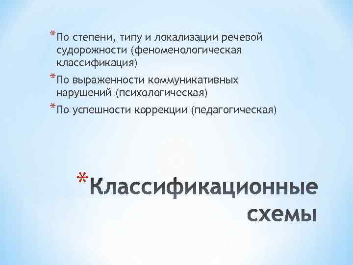 *По степени, типу и локализации речевой судорожности (феноменологическая классификация) *По выраженности коммуникативных нарушений (психологическая)