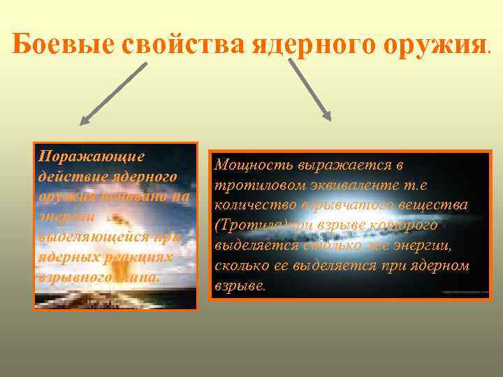 Боевые свойства ядерного оружия. Поражающие действие ядерного оружия основано на энергии выделяющейся при ядерных