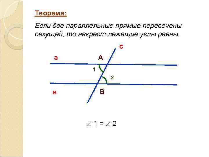 Теорема: Если две параллельные прямые пересечены секущей, то накрест лежащие углы равны. c а