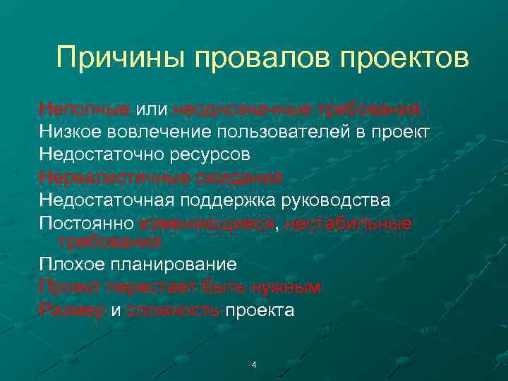 Основные причины провала проектов