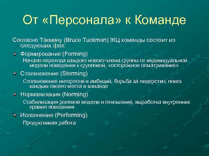 От «Персонала» к Команде Согласно Такману (Bruce Tuckman) ЖЦ команды состоит из следующих фаз: