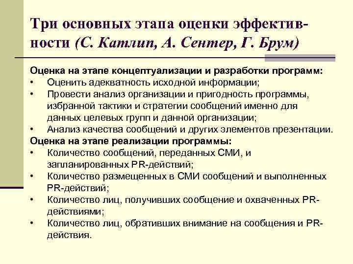 Три основных этапа оценки эффективности (С. Катлип, А. Сентер, Г. Брум) Оценка на этапе