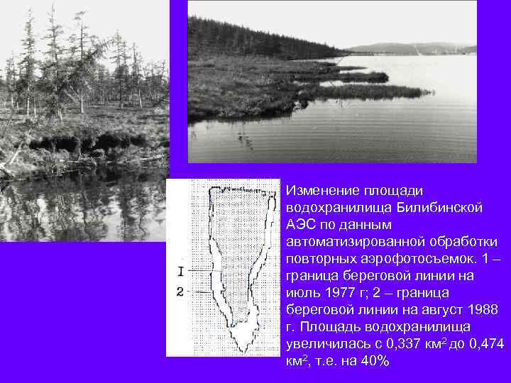 Изменение площади водохранилища Билибинской АЭС по данным автоматизированной обработки повторных аэрофотосъемок. 1 – граница